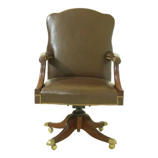 English Style Brown Leather & Mahogany Desk Chair For Sale