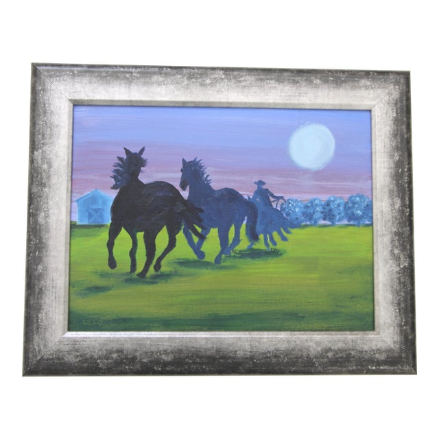 Horses Western Americana Landscape Green Blue Indigo Original Oil Painting by Cleo Plowden For Sale
