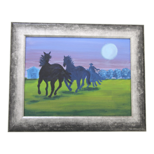 Horses Western Americana Landscape Green Blue Indigo Original Oil Painting Cleo Plowden