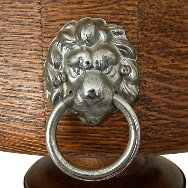 1940s Vintage English Colonial Style Oak Pedestal Center Bowl With Lion Ring Handles For Sale - Image 5 of 9