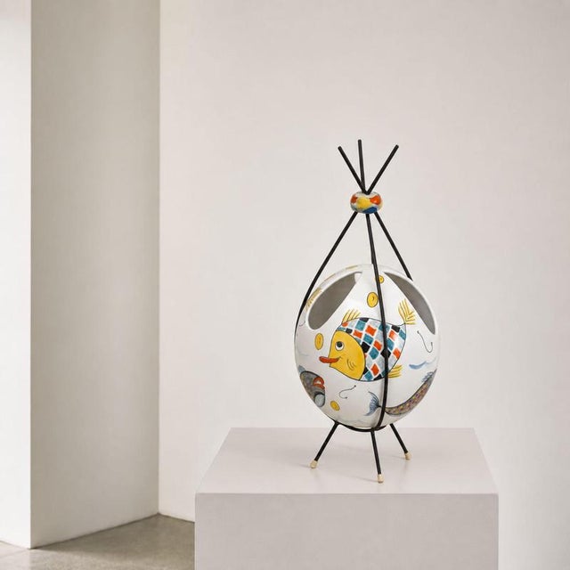 A rare Italian flower vase from the 1950s by Rometti Ceramiche, crafted from polychrome glazed ceramic. The piece features...