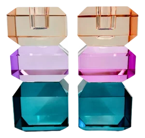Danish Faceted Crystal Candle Holders, Blue Pink & Orange - a Pair