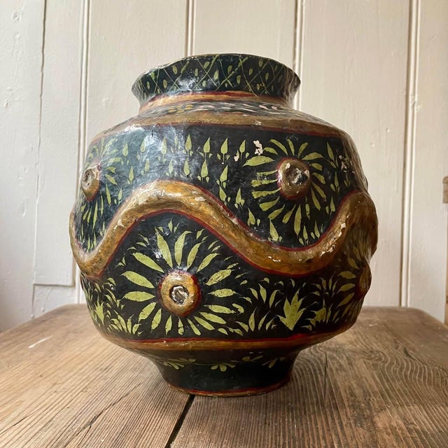 Papier Mache Folk Art Vase with Hand Painted Floral Decoration For Sale - Image 6 of 9
