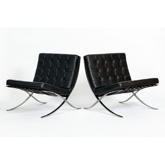 Mid-Century Modern Pair Mid Century Black Leather Barcelona Chairs by Mies Van Der Rohe for Knoll, 1977 For Sale - Image 3 of 17