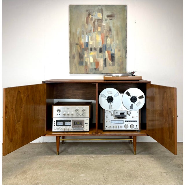 Mid-Century Modern Mid Century Modern Walnut, Cane & Brass Credenza / Media Stereo Cabinet Restored For Sale - Image 3 of 12