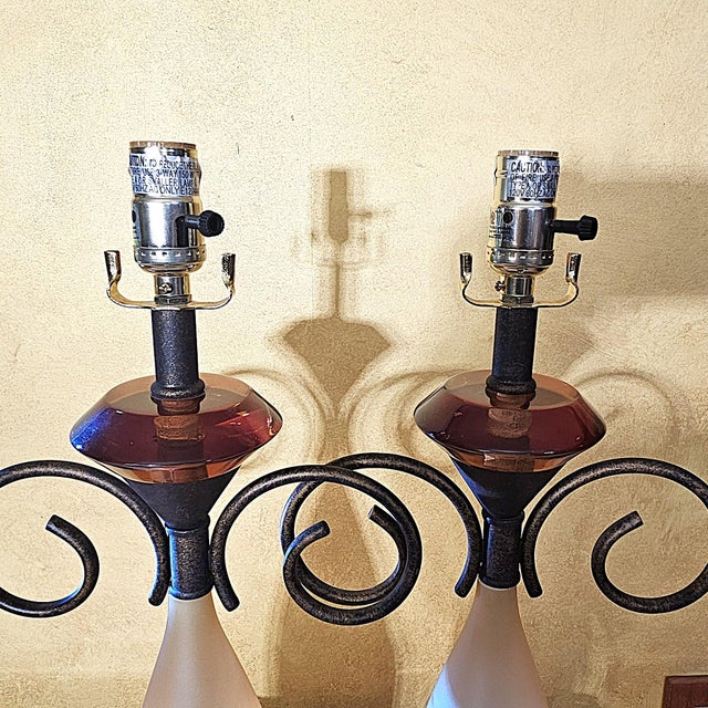 Orange Pair of Frosted Glass and Scrollwork Table Lamps, Early 21st Century For Sale - Image 8 of 18