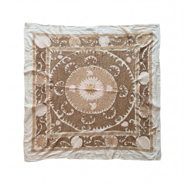 Mid-Century Modern Suzani Wall Decor — Neutral Tan Uzbek Tablecloth For Sale - Image 3 of 12