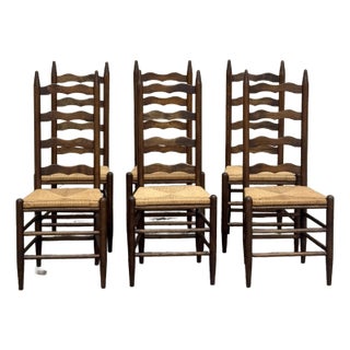 Late 20th Century Rustic Walnut Ladder Back Rush Dining Chairs Set of 6 For Sale