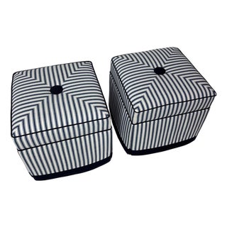 Pair of Custom Blue & Cream Striped Upholstered Ottomans in Perennials Fabric For Sale