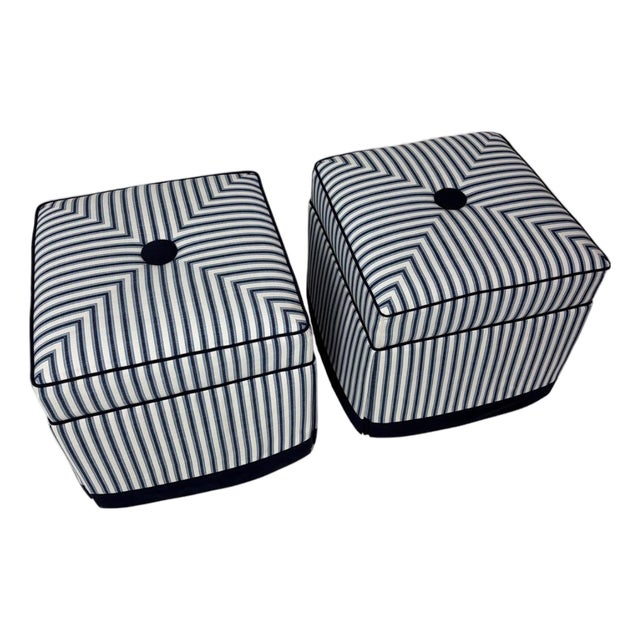 Pair of Custom Blue & Cream Striped Upholstered Ottomans in Perennials Fabric For Sale