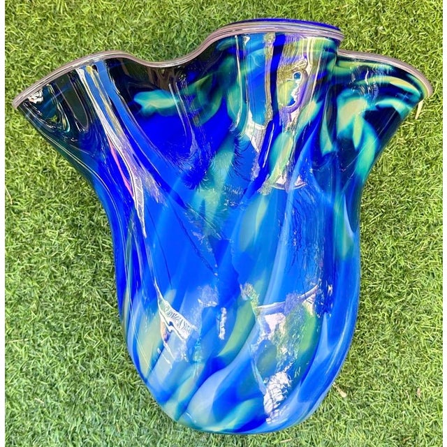 Large Blue Swirl Ruffled Handkerchief Art Glass Vase | Studio Glass Fazzoletto 15"h Artist Signed For Sale - Image 16 of 18