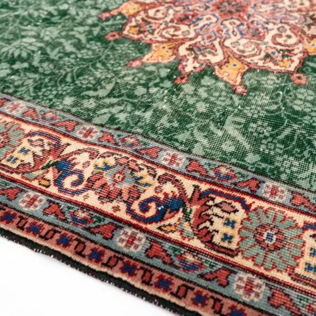 Boho Chic Vintage Green Tabriz-Style Floral Medallion Area Rug For Sale - Image 3 of 5