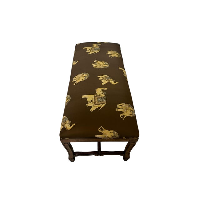 Campaign Mid 20th Century Silk Embroidered Elephant Print and Wood Frame Bench For Sale - Image 3 of 11