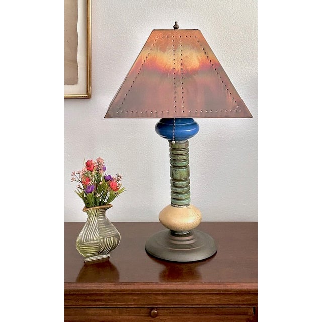 Postmodern Andrew Wender Studio Pottery Raku Totem Lamps With Custom Copper Shades, Signed - A Pair For Sale - Image 3 of 18