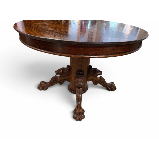 Early 20th Century Antique American Quarter-Sawn Oak Pedestal Dining Table With Lion Claw Feet For Sale - Image 5 of 6