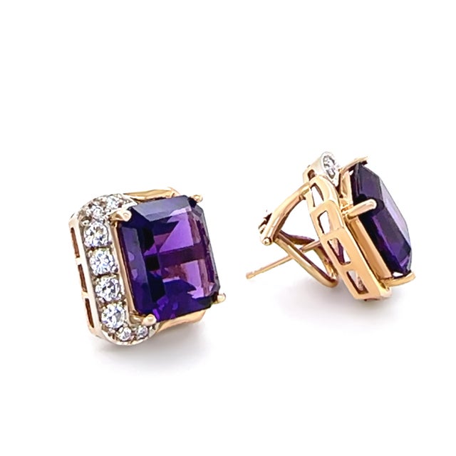 Contemporary 14ct Yellow and White Gold Amethyst and Diamond Earrings, A Pair For Sale - Image 3 of 7