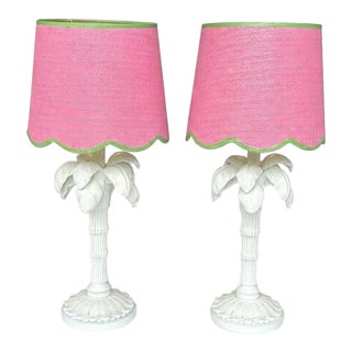 1970s Palm Beach Regency White Palm Tree Table Lamps With Custom Scalloped Shades - A Pair Newly Painted For Sale
