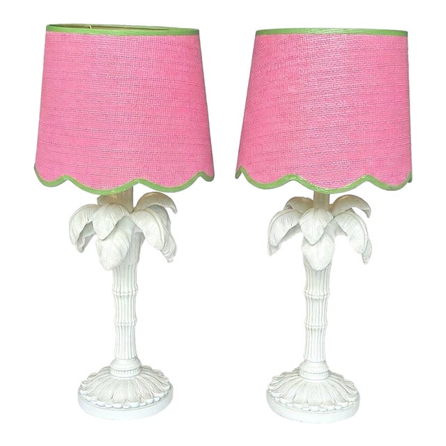 1970s Palm Beach Regency White Palm Tree Table Lamps With Custom Scalloped Shades - A Pair Newly Painted For Sale