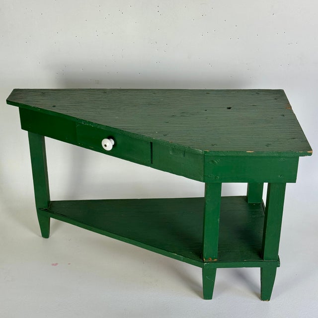 American Mid 20th Century Primitive Hand Made Green Wooden Corner Table With One Drawer for Indoor or Enclosed Garden For Sale - Image 3 of 13