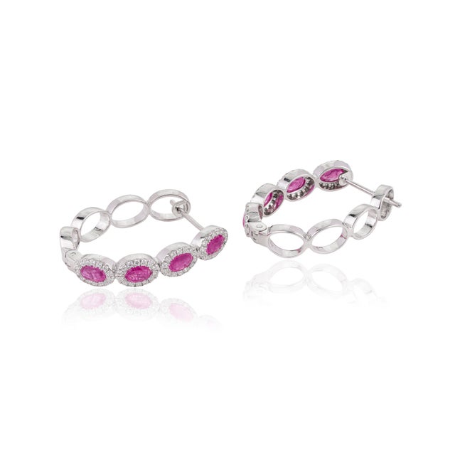 Contemporary 14k Gold Natural 2.02ct Ruby & Diamond Halo Hoop Earrings- 2 Pieces For Sale - Image 10 of 18