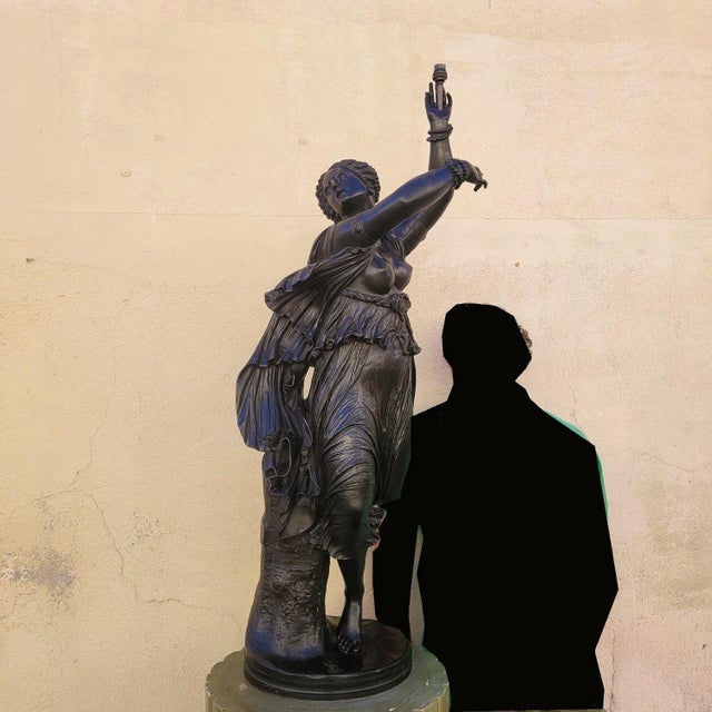 La zingara, a large bronze with a brown patina by j-b clésinger, features a large, richly dressed and jeweled dancer. this...