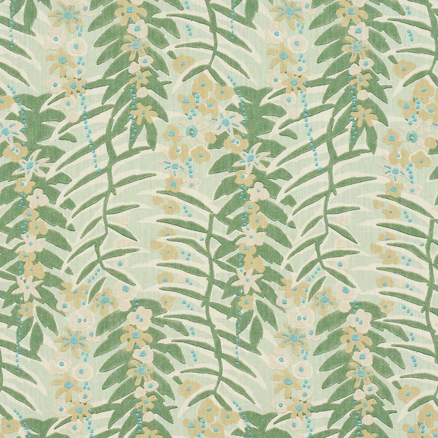 Schumacher Ashbee Botanical Fabric In Aqua For Sale