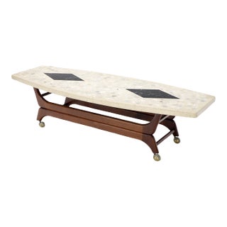 Mid 20th Century Terrazzo Stone Inlay Boat Shape Oiled Walnut Base Coffee Table For Sale
