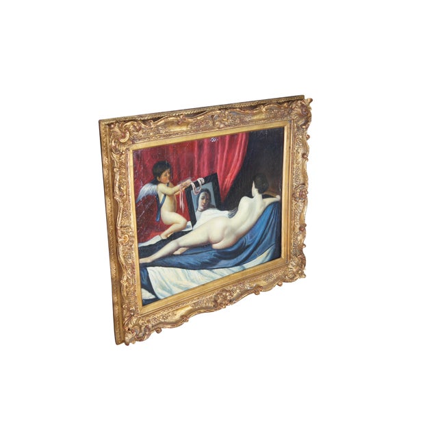 Realism Vintage Baroque Style Reclining Female Nude Oil Painting Divan Cherub Framed 38" For Sale - Image 3 of 12