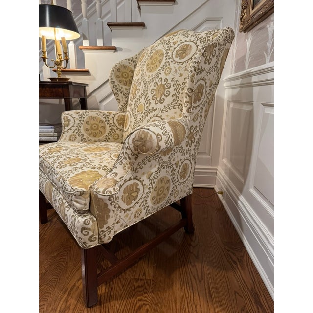 Vintage Custom Upholstered Wing Back Chair With Mahogany Base For Sale - Image 4 of 17