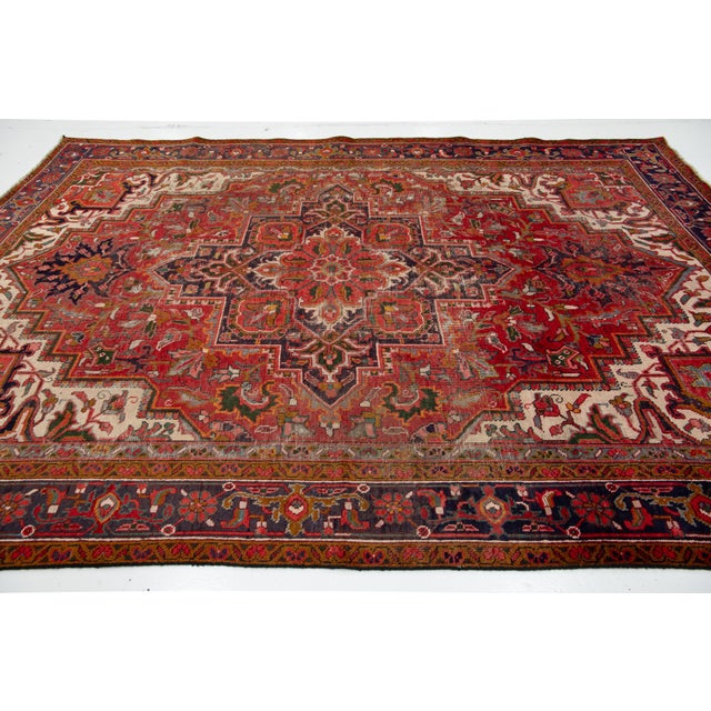 Red Medallion Persian Heriz Wool Rug With Medallion Motif From the 1950s For Sale In New York - Image 6 of 8