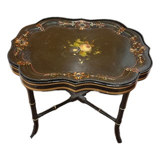 Antique Floral Tole Tray Table For Sale