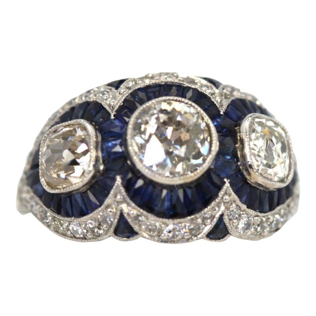 Circa 1920s Deco Platinum Sapphire Diamond 3.28 Carats Ring Size 6.5 For Sale