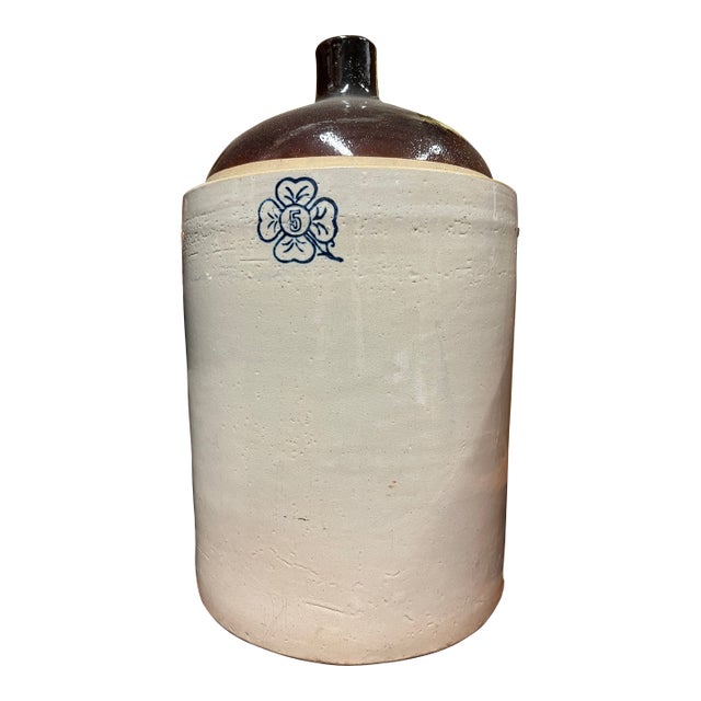 Antique Stoneware Crock /Jug With Blue Clover 5 Gallon For Sale