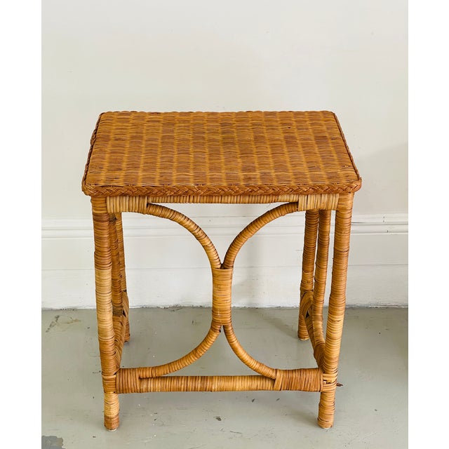 1970s Vintage Coastal Boho Rattan Wicker Side Table | Chairish