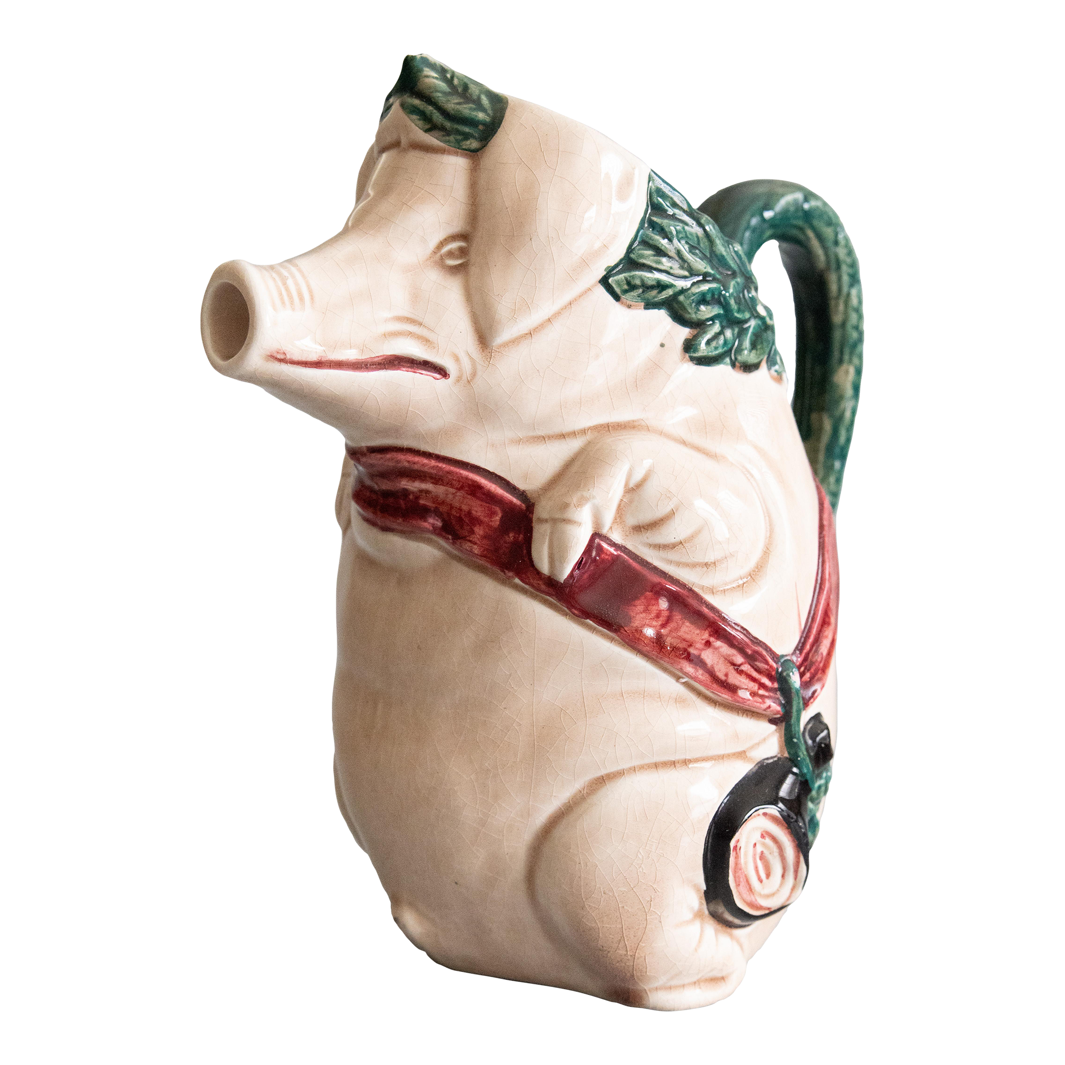 Antique Early 20th Century French Orchies Majolica Pig Pitcher