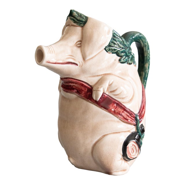 Antique Early 20th Century French Orchies Majolica Pig Pitcher For Sale