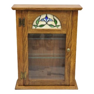 Vintage Victorian Style Oak Wood & Stained Glass Small Display Curio Cabinet For Sale