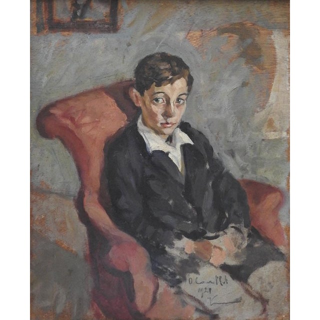 1929 Young Boy in Red Chair and Man 2 Sided Impressionist Portrait ...
