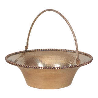 Mid-Century Hammered Brass Basket Bowl With Swing Handle For Sale