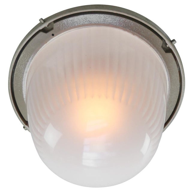 Holophane Vintage Industrial French Beige Cast Iron and Frosted Cut Glass Flush Mount by Holophane For Sale - Image 4 of 8