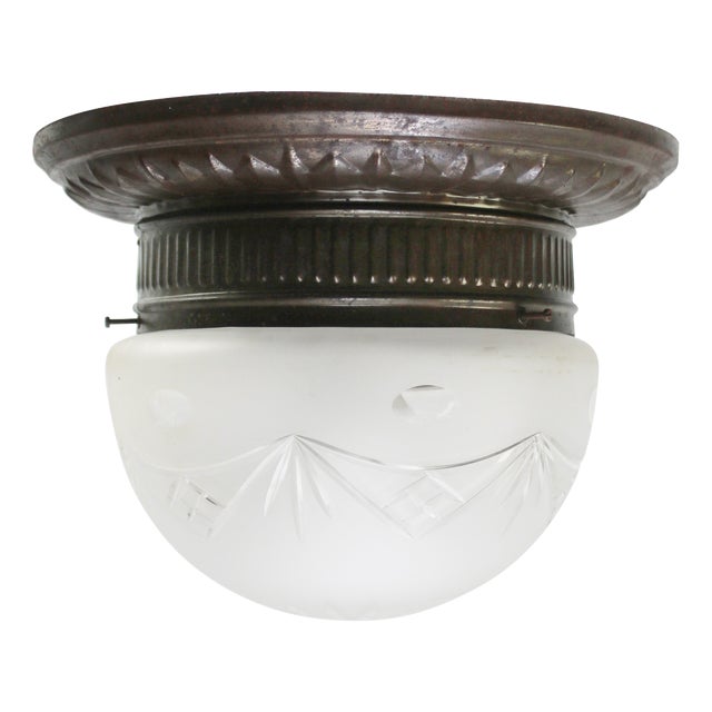 French Art Deco Iron and Frosted Cut Glass Flush Mount For Sale