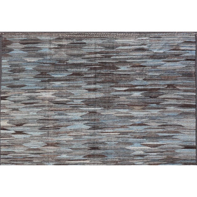 Blue Modern Flatweave Kilim in Wool With Sub-Geometric Diamond Design in Blue and Charcoal For Sale - Image 8 of 13
