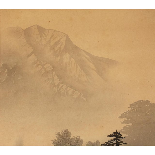 C. 1920 Taisho Era Japanese Silk Scroll Ink Landscape Painting For Sale - Image 13 of 18
