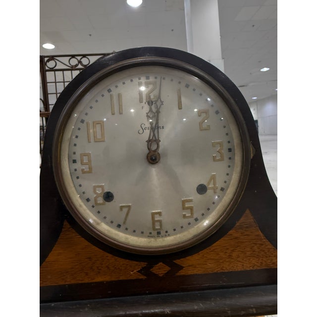 Antique Sessions Wooden Mantel Clock Dulciana Model Inlays Mahogany Vintage Comes with Key Definitely need service but...