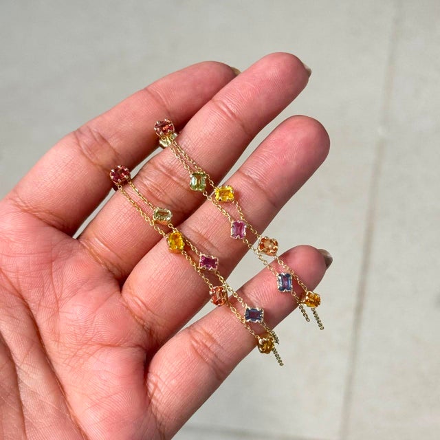 Rainbow Cascade Multicolor Gemstone Drop Earrings by VRJewels in 14k Solid Gold- A Pair For Sale In New York - Image 6 of 16