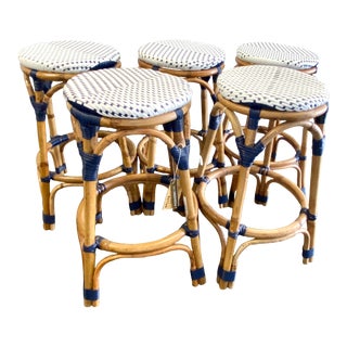 French Bistro Style Rattan Counter Bar Stools Navy and White Parisian - Set of 5 For Sale