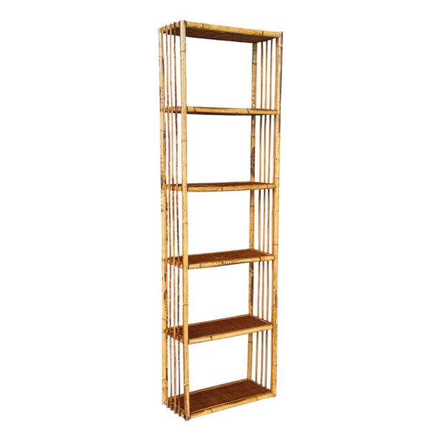 Vintage Tall Rattan and Woven Cane Wall-Mounted Étagère Shelf For Sale