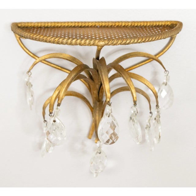 Hollywood Regency Mid-Century Hollywood Regency Italian Gilt Tole & Crystals Wall Brackets Shelves - a Pair For Sale - Image 3 of 9