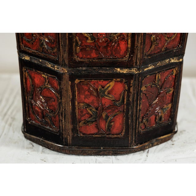 Asian Late Qing Chinese Red and Black Lacquered Wood Rice Measure Bucket with Carved Panels For Sale - Image 3 of 12