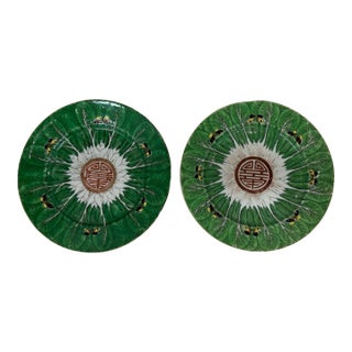 Near Pair of Antique Chinese Famille Verte Bok Choy Porcelain Plates For Sale